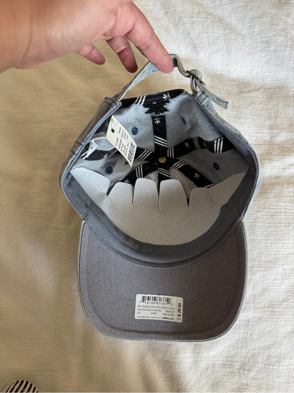 adidas embroidered trefoil Strapback cap in light wash denim NWT